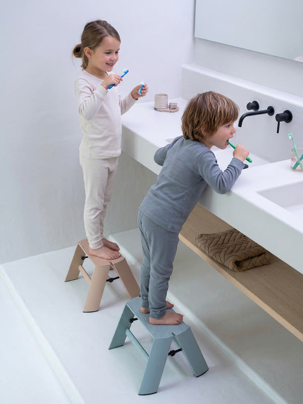 Children cleaning teeth at sink whilst standing on step stool